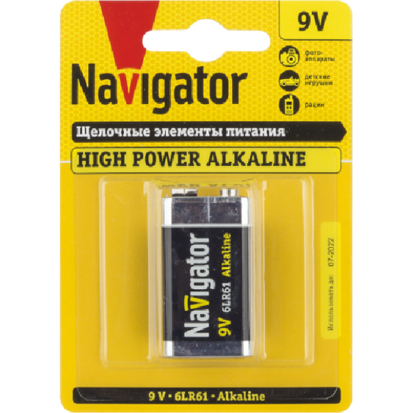 Батарейка КРОНА 6LR61-BP1, 9В, щелочная /NAVIGATOR/ (94756) (10/50)