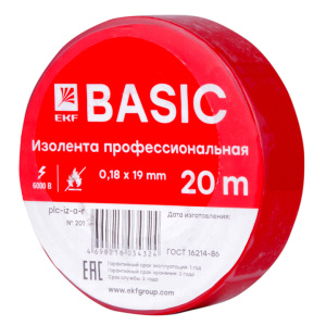 Изолента  ПВХ  19мм х 20м (красная) класс А (проф-ая) до - 50°С /EKF Basic/ (10/200)